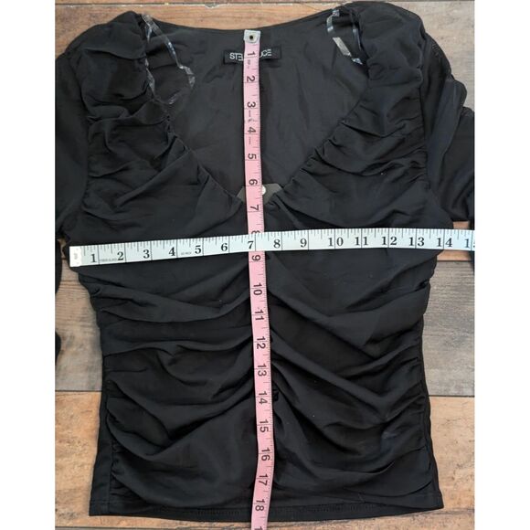 STELLA LUCE NWT Ruched Mesh Long Sleeve Top M Black Bodycon Going Out Blouse - Picture 5 of 6